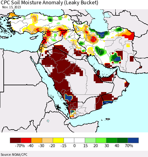 Middle East and Turkey CPC Soil Moisture Anomaly (Leaky Bucket) Thematic Map For 11/11/2023 - 11/15/2023
