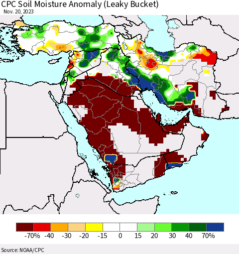 Middle East and Turkey CPC Soil Moisture Anomaly (Leaky Bucket) Thematic Map For 11/16/2023 - 11/20/2023