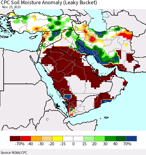 Middle East and Turkey CPC Soil Moisture Anomaly (Leaky Bucket) Thematic Map For 11/21/2023 - 11/25/2023