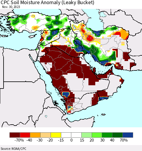 Middle East and Turkey CPC Soil Moisture Anomaly (Leaky Bucket) Thematic Map For 11/26/2023 - 11/30/2023
