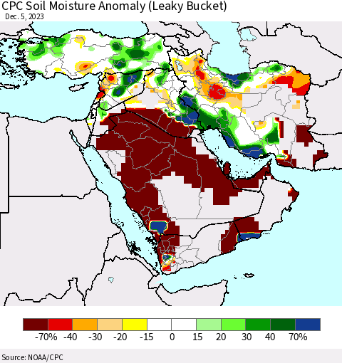 Middle East and Turkey CPC Soil Moisture Anomaly (Leaky Bucket) Thematic Map For 12/1/2023 - 12/5/2023