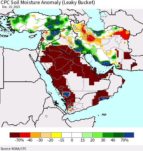 Middle East and Turkey CPC Soil Moisture Anomaly (Leaky Bucket) Thematic Map For 12/6/2023 - 12/10/2023