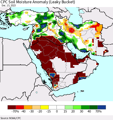 Middle East and Turkey CPC Soil Moisture Anomaly (Leaky Bucket) Thematic Map For 12/11/2023 - 12/15/2023