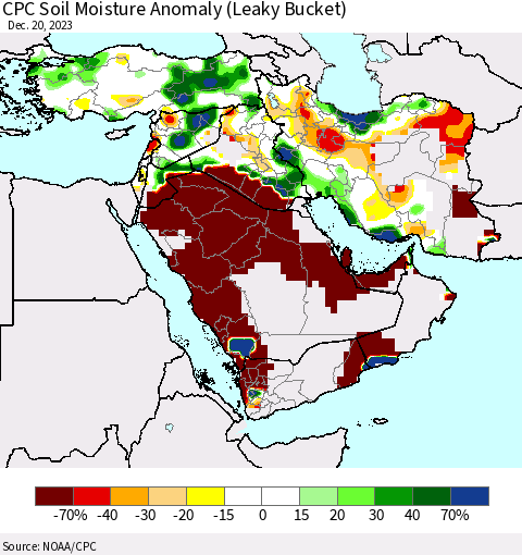 Middle East and Turkey CPC Soil Moisture Anomaly (Leaky Bucket) Thematic Map For 12/16/2023 - 12/20/2023