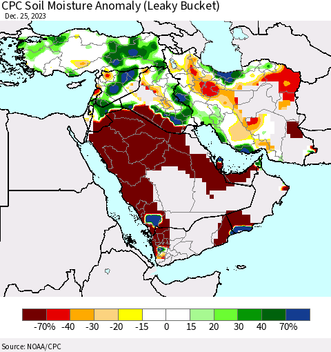 Middle East and Turkey CPC Soil Moisture Anomaly (Leaky Bucket) Thematic Map For 12/21/2023 - 12/25/2023