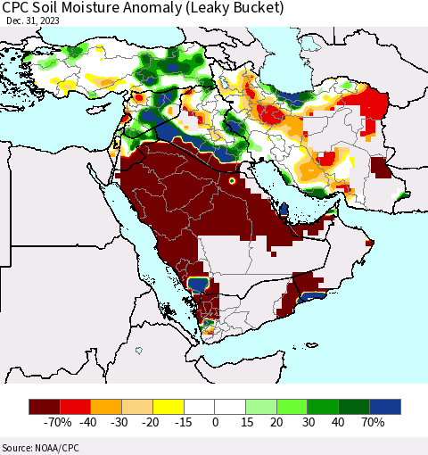 Middle East and Turkey CPC Soil Moisture Anomaly (Leaky Bucket) Thematic Map For 12/26/2023 - 12/31/2023