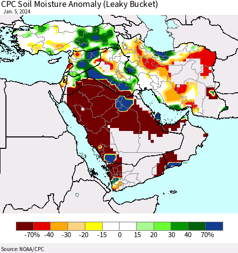 Middle East and Turkey CPC Soil Moisture Anomaly (Leaky Bucket) Thematic Map For 1/1/2024 - 1/5/2024