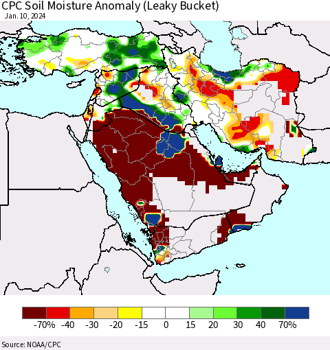 Middle East and Turkey CPC Soil Moisture Anomaly (Leaky Bucket) Thematic Map For 1/6/2024 - 1/10/2024