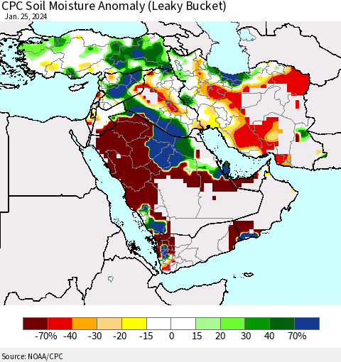 Middle East and Turkey CPC Soil Moisture Anomaly (Leaky Bucket) Thematic Map For 1/21/2024 - 1/25/2024