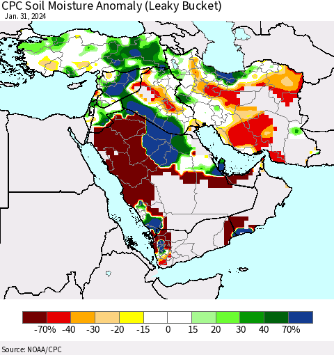 Middle East and Turkey CPC Soil Moisture Anomaly (Leaky Bucket) Thematic Map For 1/26/2024 - 1/31/2024