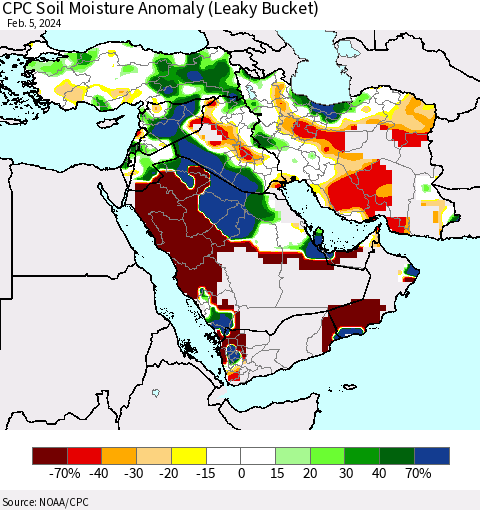 Middle East and Turkey CPC Soil Moisture Anomaly (Leaky Bucket) Thematic Map For 2/1/2024 - 2/5/2024