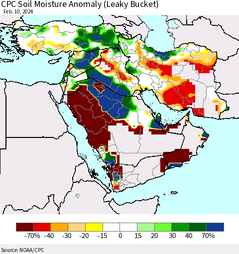 Middle East and Turkey CPC Soil Moisture Anomaly (Leaky Bucket) Thematic Map For 2/6/2024 - 2/10/2024