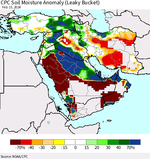 Middle East and Turkey CPC Soil Moisture Anomaly (Leaky Bucket) Thematic Map For 2/11/2024 - 2/15/2024