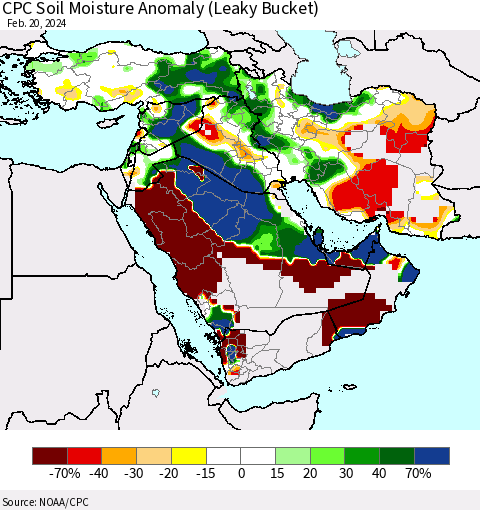 Middle East and Turkey CPC Soil Moisture Anomaly (Leaky Bucket) Thematic Map For 2/16/2024 - 2/20/2024