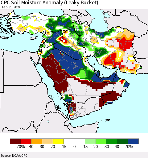 Middle East and Turkey CPC Soil Moisture Anomaly (Leaky Bucket) Thematic Map For 2/21/2024 - 2/25/2024