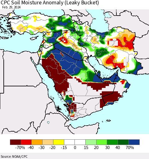 Middle East and Turkey CPC Soil Moisture Anomaly (Leaky Bucket) Thematic Map For 2/26/2024 - 2/29/2024