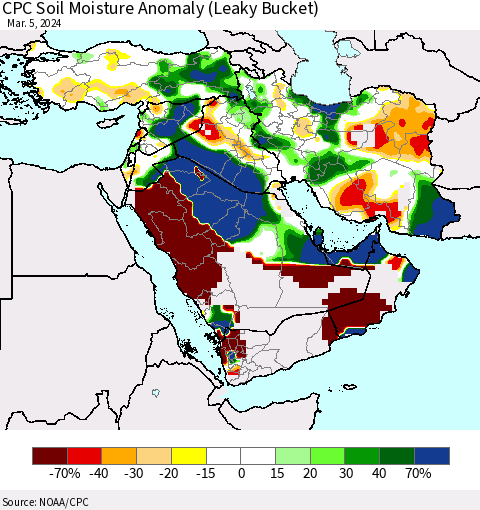Middle East and Turkey CPC Soil Moisture Anomaly (Leaky Bucket) Thematic Map For 3/1/2024 - 3/5/2024