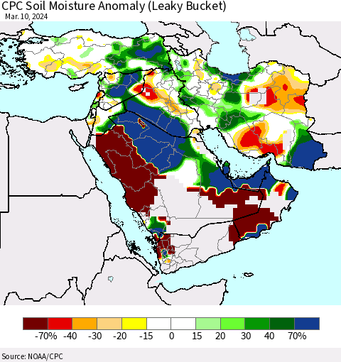 Middle East and Turkey CPC Soil Moisture Anomaly (Leaky Bucket) Thematic Map For 3/6/2024 - 3/10/2024