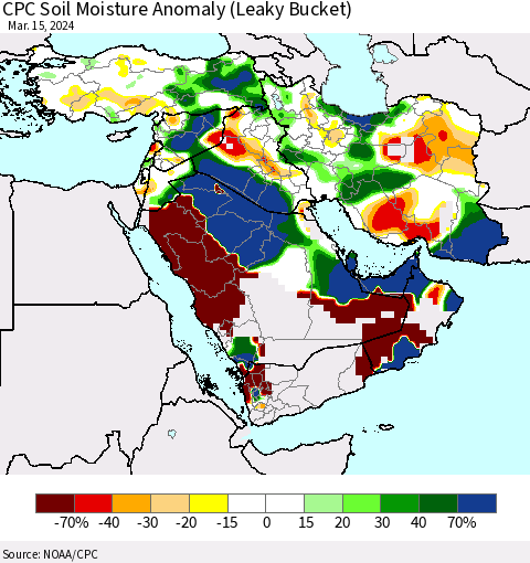 Middle East and Turkey CPC Soil Moisture Anomaly (Leaky Bucket) Thematic Map For 3/11/2024 - 3/15/2024