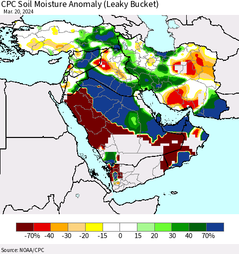 Middle East and Turkey CPC Soil Moisture Anomaly (Leaky Bucket) Thematic Map For 3/16/2024 - 3/20/2024
