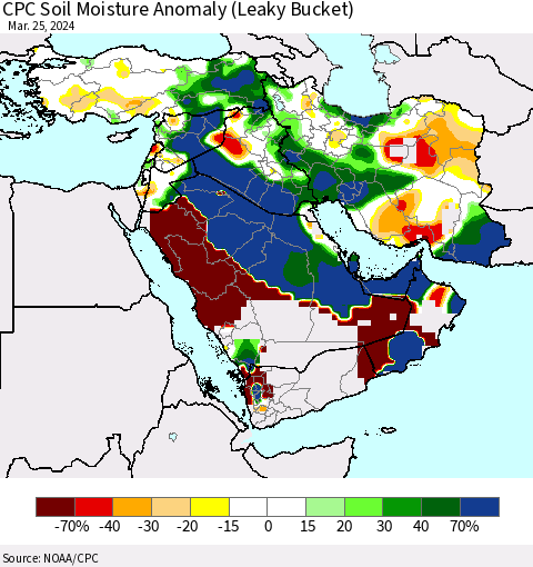 Middle East and Turkey CPC Soil Moisture Anomaly (Leaky Bucket) Thematic Map For 3/21/2024 - 3/25/2024