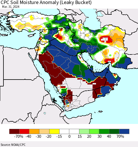 Middle East and Turkey CPC Soil Moisture Anomaly (Leaky Bucket) Thematic Map For 3/26/2024 - 3/31/2024