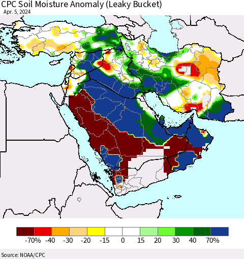 Middle East and Turkey CPC Soil Moisture Anomaly (Leaky Bucket) Thematic Map For 4/1/2024 - 4/5/2024