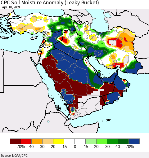 Middle East and Turkey CPC Soil Moisture Anomaly (Leaky Bucket) Thematic Map For 4/6/2024 - 4/10/2024