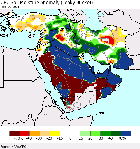 Middle East and Turkey CPC Soil Moisture Anomaly (Leaky Bucket) Thematic Map For 4/16/2024 - 4/20/2024