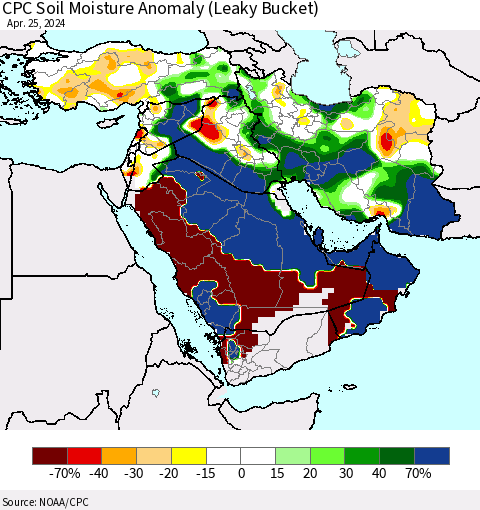 Middle East and Turkey CPC Soil Moisture Anomaly (Leaky Bucket) Thematic Map For 4/21/2024 - 4/25/2024