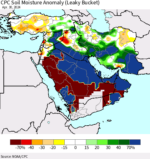 Middle East and Turkey CPC Soil Moisture Anomaly (Leaky Bucket) Thematic Map For 4/26/2024 - 4/30/2024