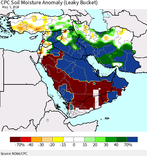 Middle East and Turkey CPC Soil Moisture Anomaly (Leaky Bucket) Thematic Map For 5/1/2024 - 5/5/2024