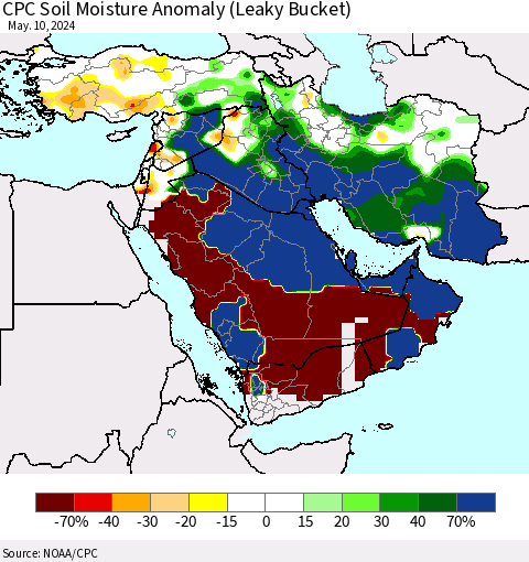 Middle East and Turkey CPC Soil Moisture Anomaly (Leaky Bucket) Thematic Map For 5/6/2024 - 5/10/2024