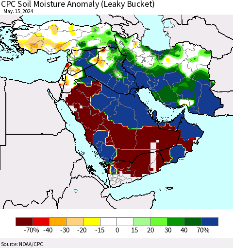 Middle East and Turkey CPC Soil Moisture Anomaly (Leaky Bucket) Thematic Map For 5/11/2024 - 5/15/2024