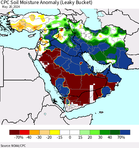 Middle East and Turkey CPC Soil Moisture Anomaly (Leaky Bucket) Thematic Map For 5/16/2024 - 5/20/2024