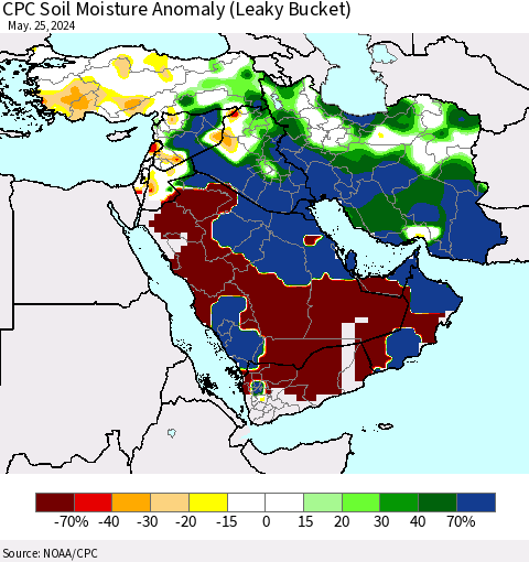 Middle East and Turkey CPC Soil Moisture Anomaly (Leaky Bucket) Thematic Map For 5/21/2024 - 5/25/2024