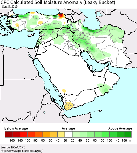 Middle East and Turkey CPC Soil Moisture Departure from Normal (Leaky Bucket) Thematic Map For 9/1/2019 - 9/5/2019