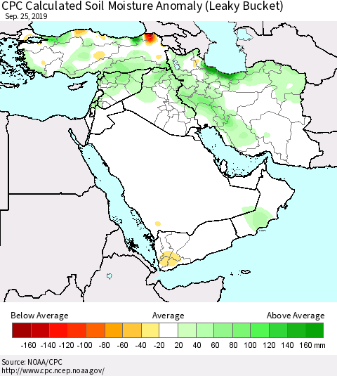 Middle East and Turkey CPC Soil Moisture Departure from Normal (Leaky Bucket) Thematic Map For 9/21/2019 - 9/25/2019