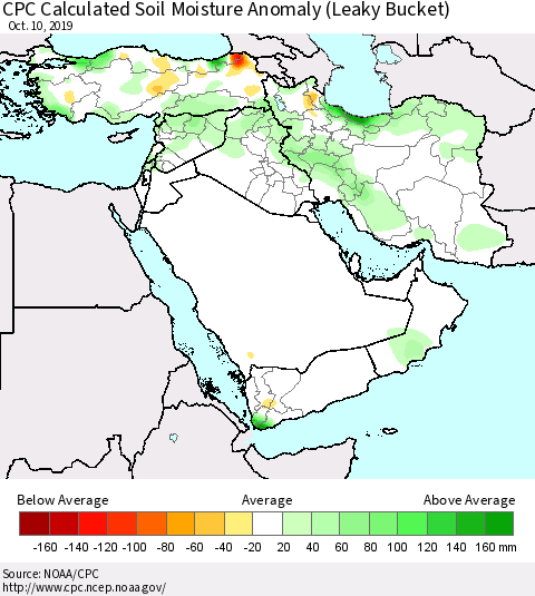 Middle East and Turkey CPC Soil Moisture Departure from Normal (Leaky Bucket) Thematic Map For 10/6/2019 - 10/10/2019
