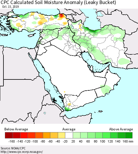 Middle East and Turkey CPC Soil Moisture Departure from Normal (Leaky Bucket) Thematic Map For 10/11/2019 - 10/15/2019