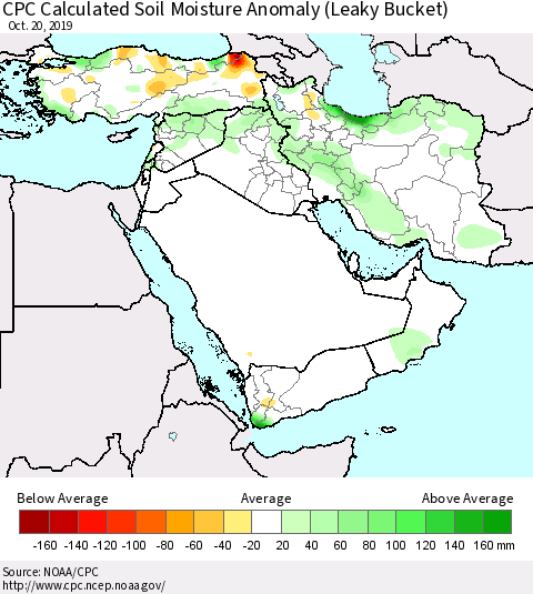 Middle East and Turkey CPC Soil Moisture Departure from Normal (Leaky Bucket) Thematic Map For 10/16/2019 - 10/20/2019
