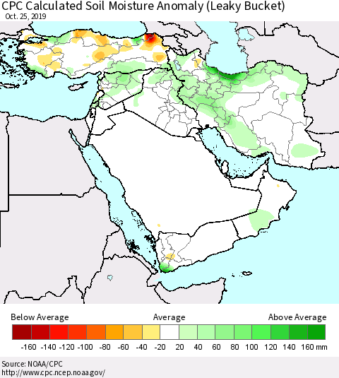 Middle East and Turkey CPC Soil Moisture Departure from Normal (Leaky Bucket) Thematic Map For 10/21/2019 - 10/25/2019