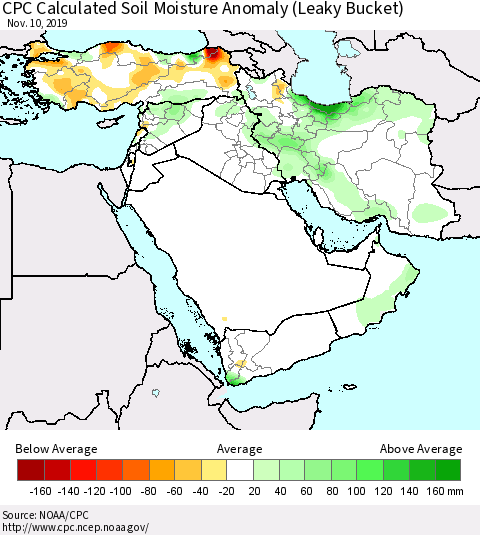 Middle East and Turkey CPC Soil Moisture Departure from Normal (Leaky Bucket) Thematic Map For 11/6/2019 - 11/10/2019