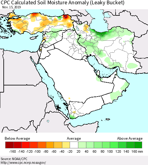 Middle East and Turkey CPC Soil Moisture Departure from Normal (Leaky Bucket) Thematic Map For 11/11/2019 - 11/15/2019