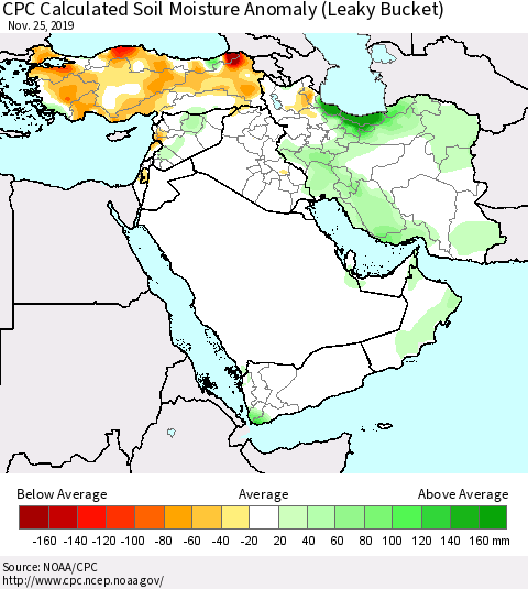 Middle East and Turkey CPC Soil Moisture Departure from Normal (Leaky Bucket) Thematic Map For 11/21/2019 - 11/25/2019