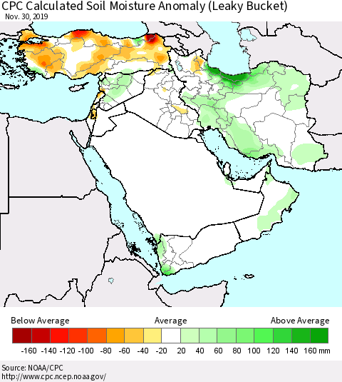 Middle East and Turkey CPC Soil Moisture Departure from Normal (Leaky Bucket) Thematic Map For 11/26/2019 - 11/30/2019