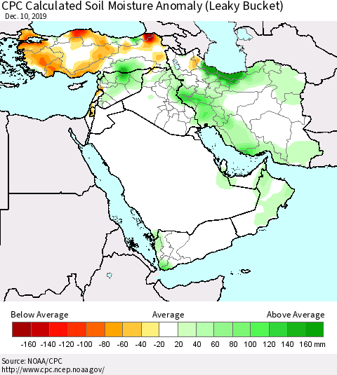 Middle East and Turkey CPC Soil Moisture Departure from Normal (Leaky Bucket) Thematic Map For 12/6/2019 - 12/10/2019