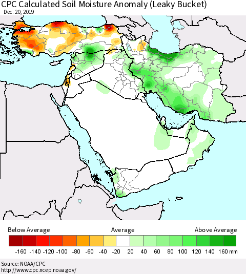 Middle East and Turkey CPC Soil Moisture Departure from Normal (Leaky Bucket) Thematic Map For 12/16/2019 - 12/20/2019