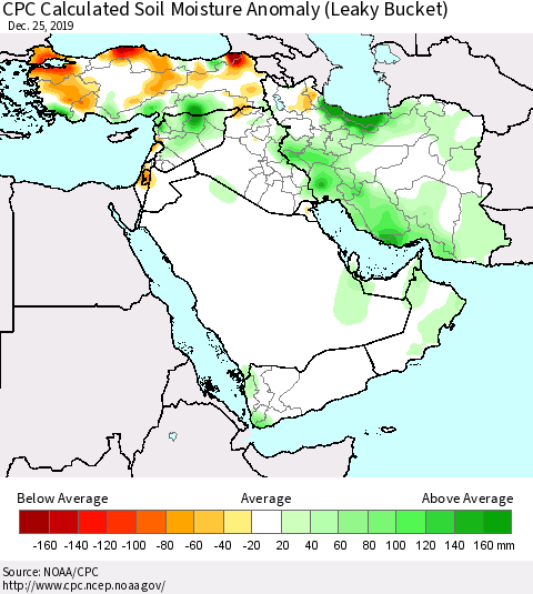 Middle East and Turkey CPC Soil Moisture Departure from Normal (Leaky Bucket) Thematic Map For 12/21/2019 - 12/25/2019