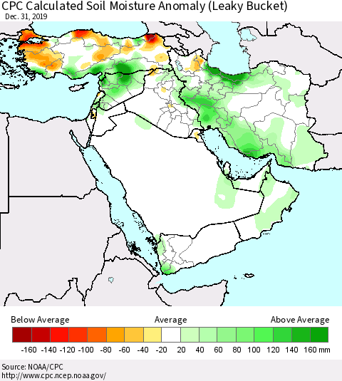Middle East and Turkey CPC Soil Moisture Departure from Normal (Leaky Bucket) Thematic Map For 12/26/2019 - 12/31/2019